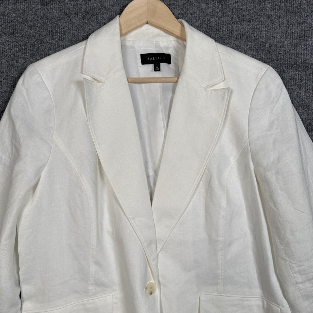 Talbots Sz 16 Blazer Jacket White Linen Single Breasted One Button Office Career - Picture 3 of 10